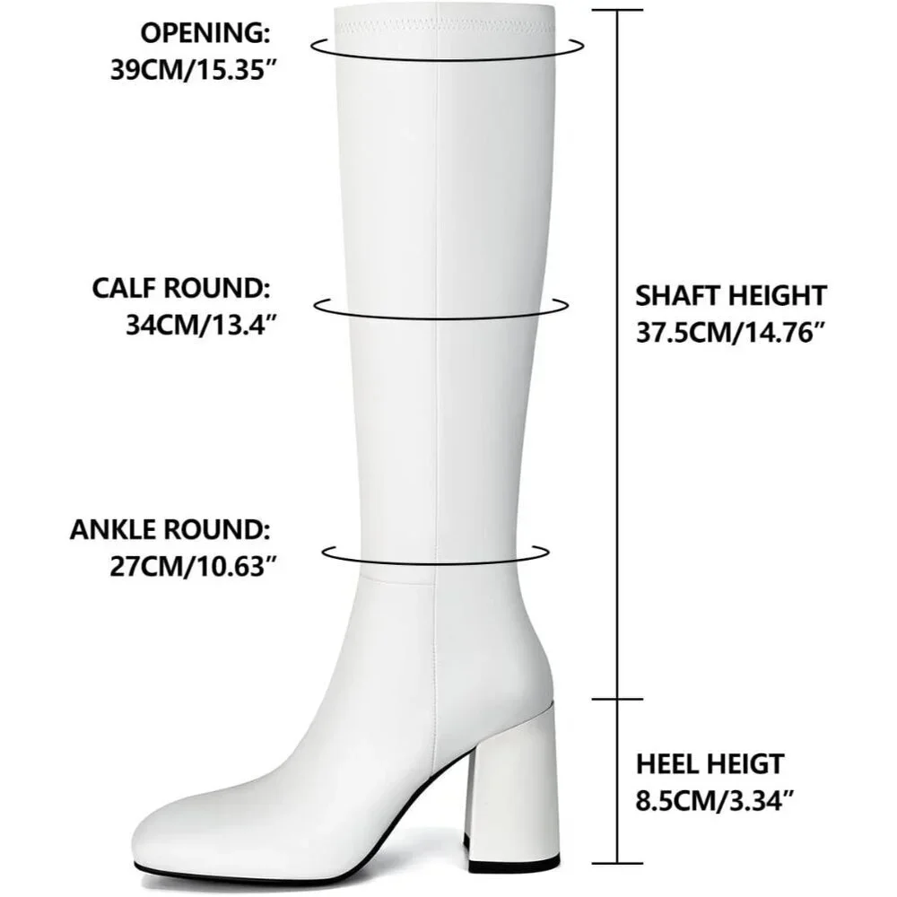Women's Faux Leather White Square Toe Knee High Chunky Heel Side Zip Tall Boots
